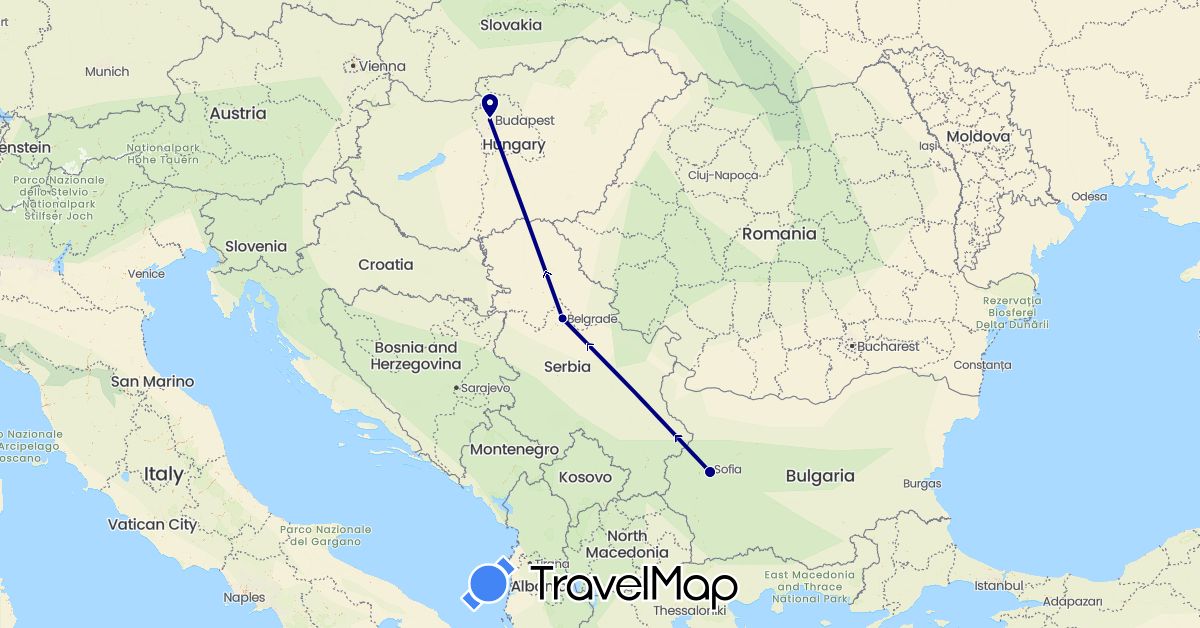 TravelMap itinerary: driving in Bulgaria, Hungary, Serbia (Europe)